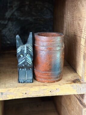 Vintage Hand-Carved Black Scotty DogFigurine with Brown Barrel Container